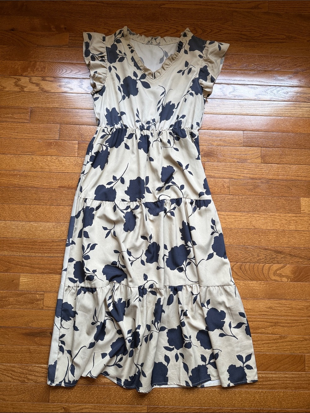 Beige and Navy Floral Tiered Midi Dress